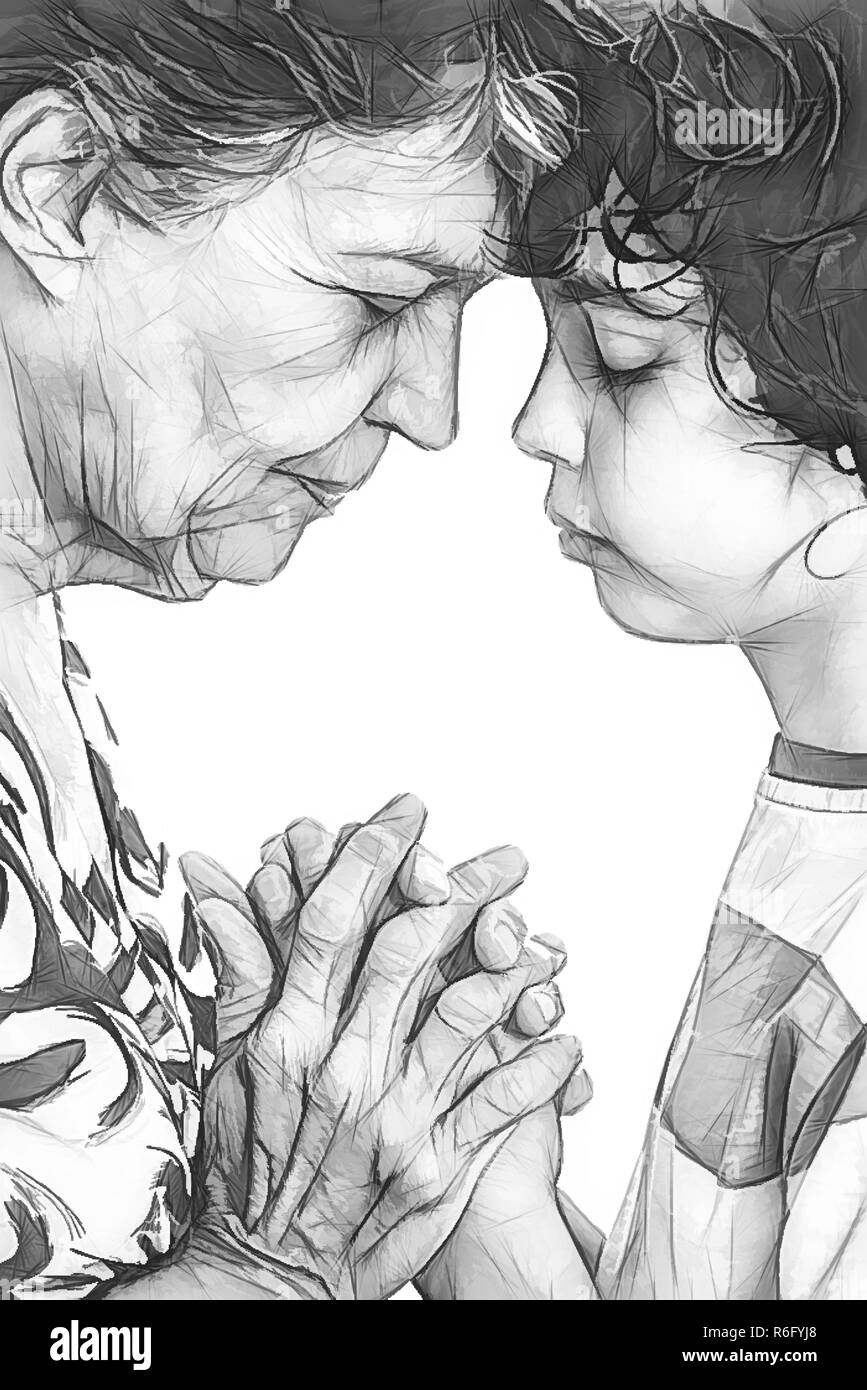 Grand-mère et petit-fils priant ensemble dans leur dévotion chrétienne quotidienne. Hispanic family la pratique de leur foi en Jésus et en Dieu priant bien positionné en couverture Banque D'Images