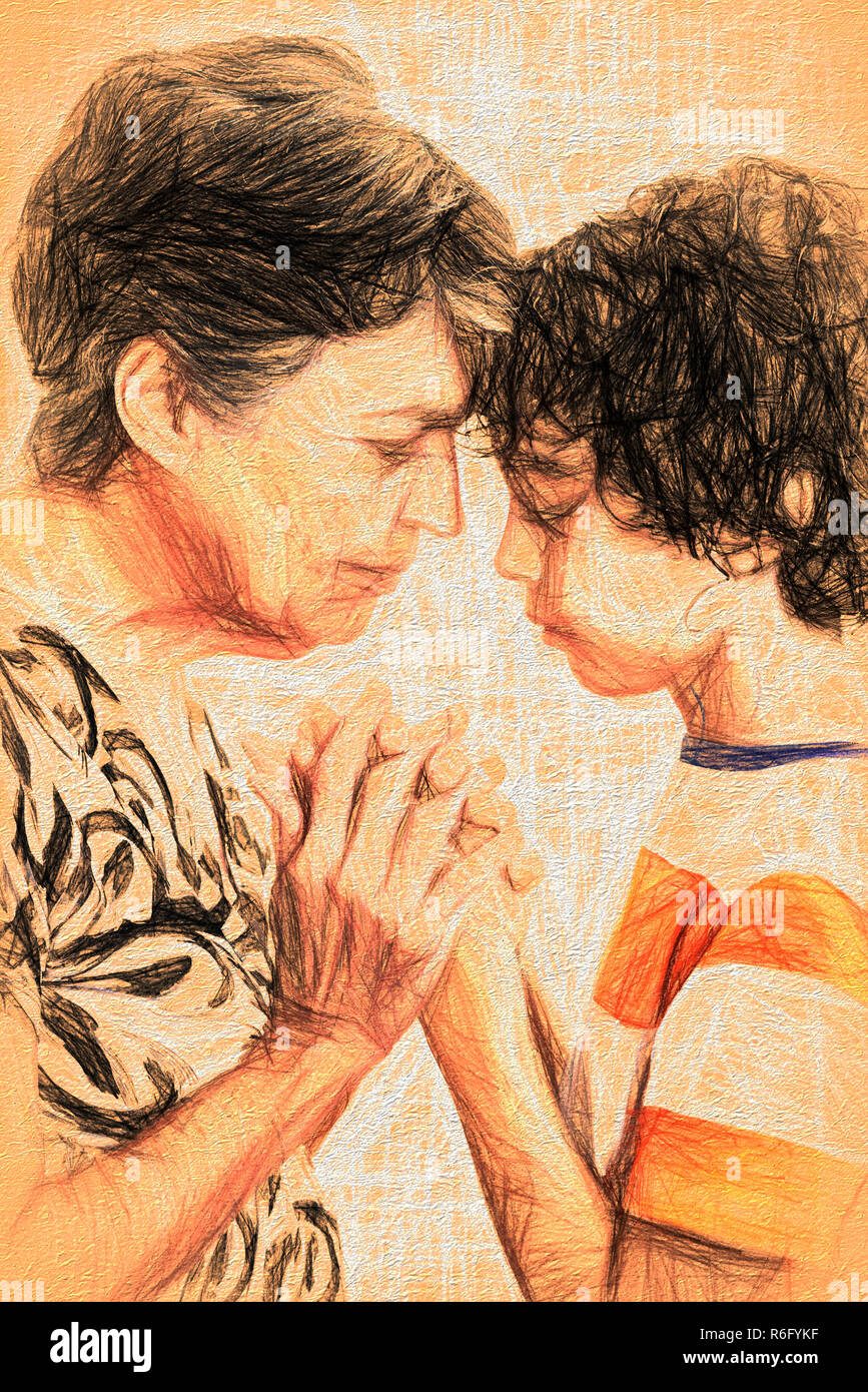 Grand-mère et petit-fils priant ensemble dans leur dévotion chrétienne quotidienne. Hispanic family la pratique de leur foi en Jésus et en Dieu priant bien positionné en couverture Banque D'Images