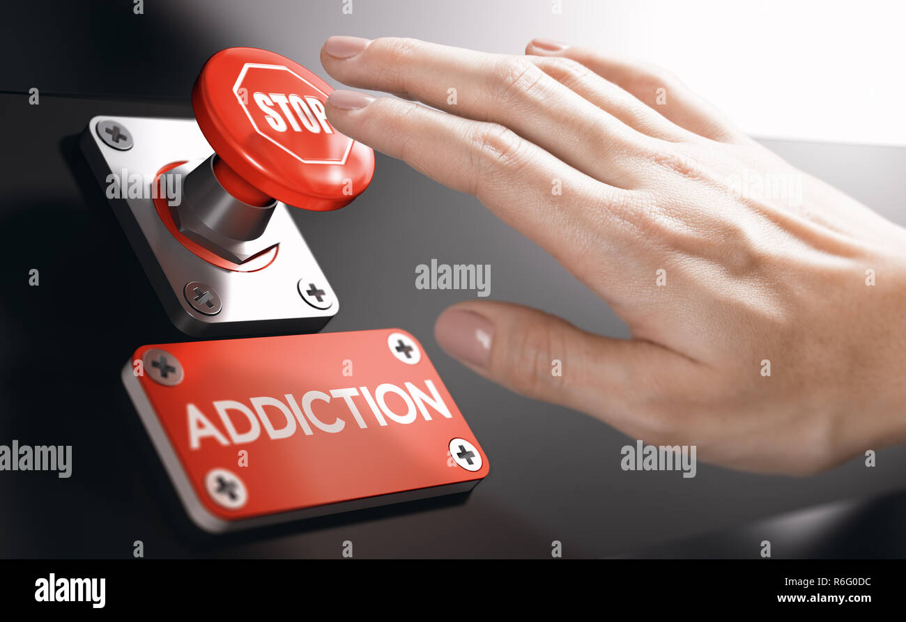 Femme en appuyant sur un bouton d'urgence avec panneau d'arrêt pour surmonter les problèmes de toxicomanie ou de dépendance. Concept de psychologie. Banque D'Images