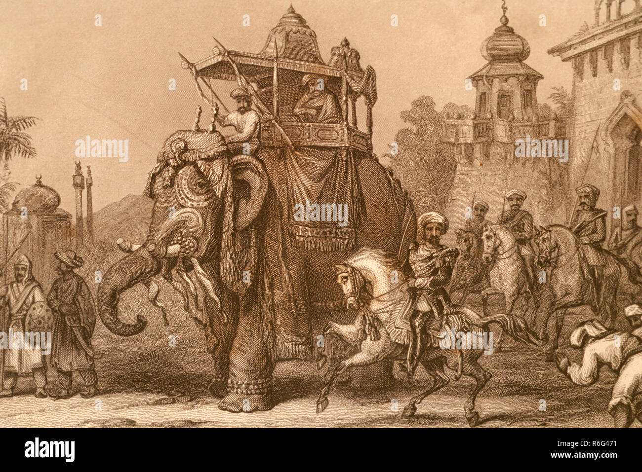 Procession royale, roi assis sur la procession d'éléphant avec les chevaux, Lucknow, Uttar Pradesh, Inde, Asie, Lithographie asiatique, indienne, ancienne époque du XIXe siècle Banque D'Images