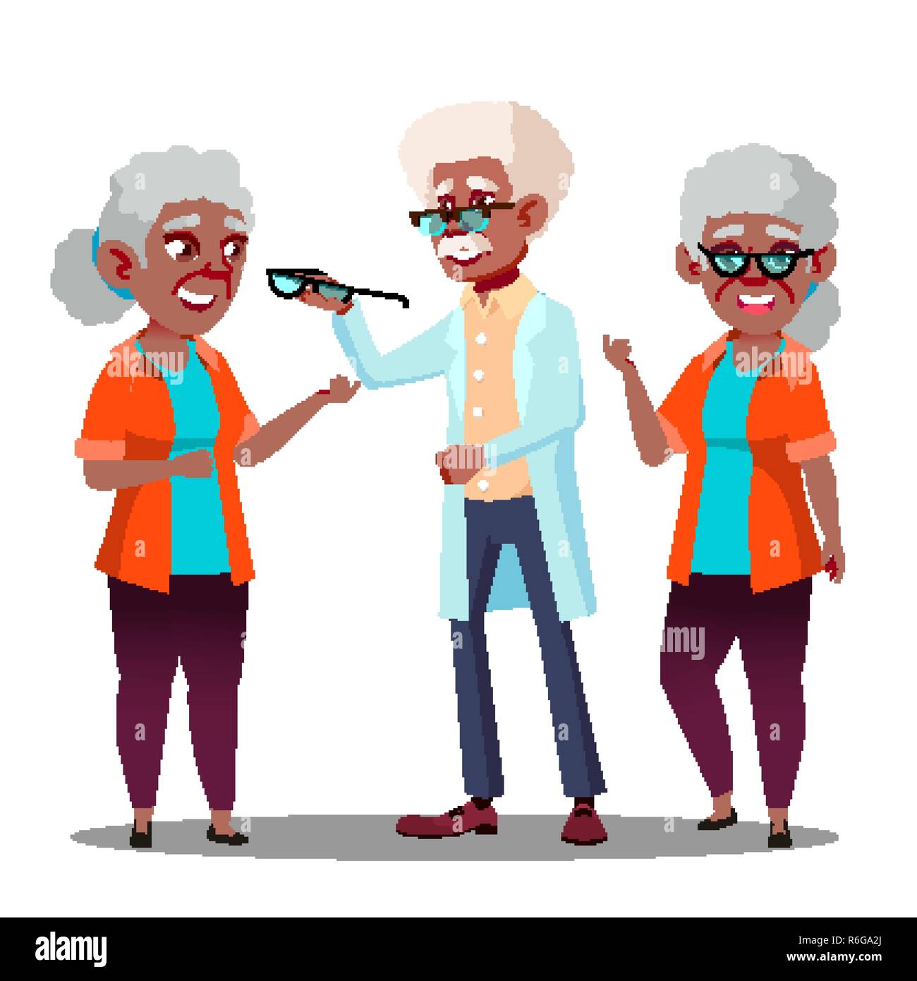 Afro-américain noir médecin oculiste lunettes donnant à Vieille Femme Patient avec troubles de vecteur. Cartoon illustration isolé Illustration de Vecteur