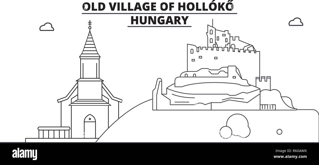 Hongrie - Holloko, Vieux Village billet célèbre de la ville, panorama, vecteur. Hongrie - Holloko, Vieux Village illustration linéaire Illustration de Vecteur