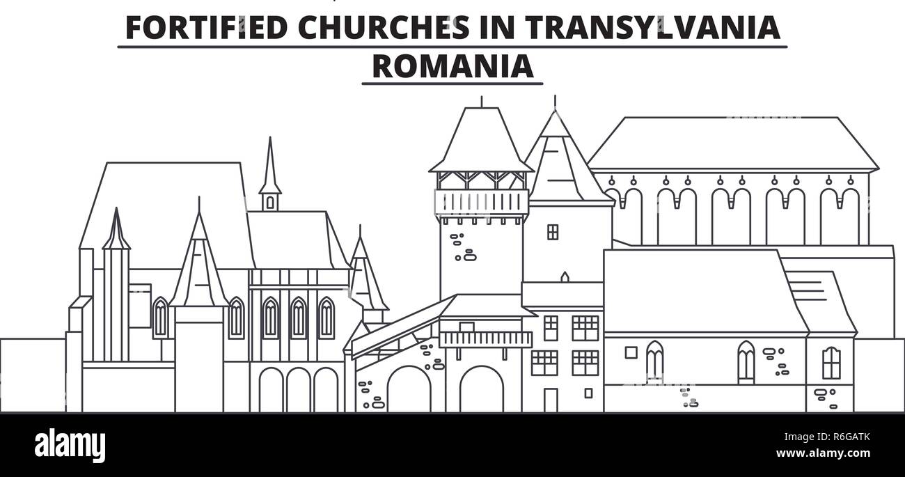 Roumanie - églises fortifiées de Transylvanie billet célèbre de la ville, panorama, vecteur. Roumanie - églises fortifiées de Transylvanie illustration linéaire Illustration de Vecteur