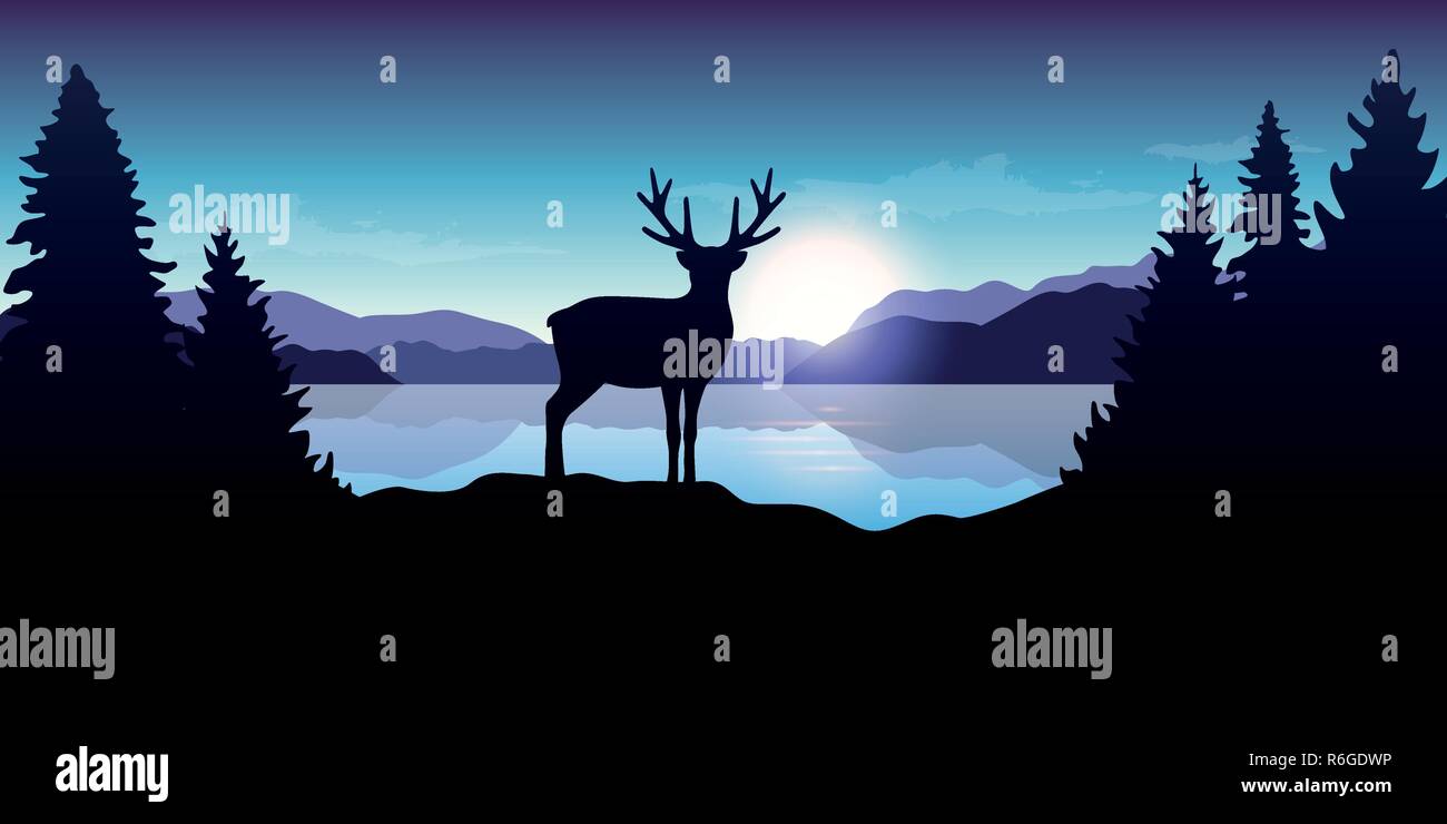 Le renne par le lac au lever du soleil la faune bleu nature paysage vector illustration EPS10 Illustration de Vecteur