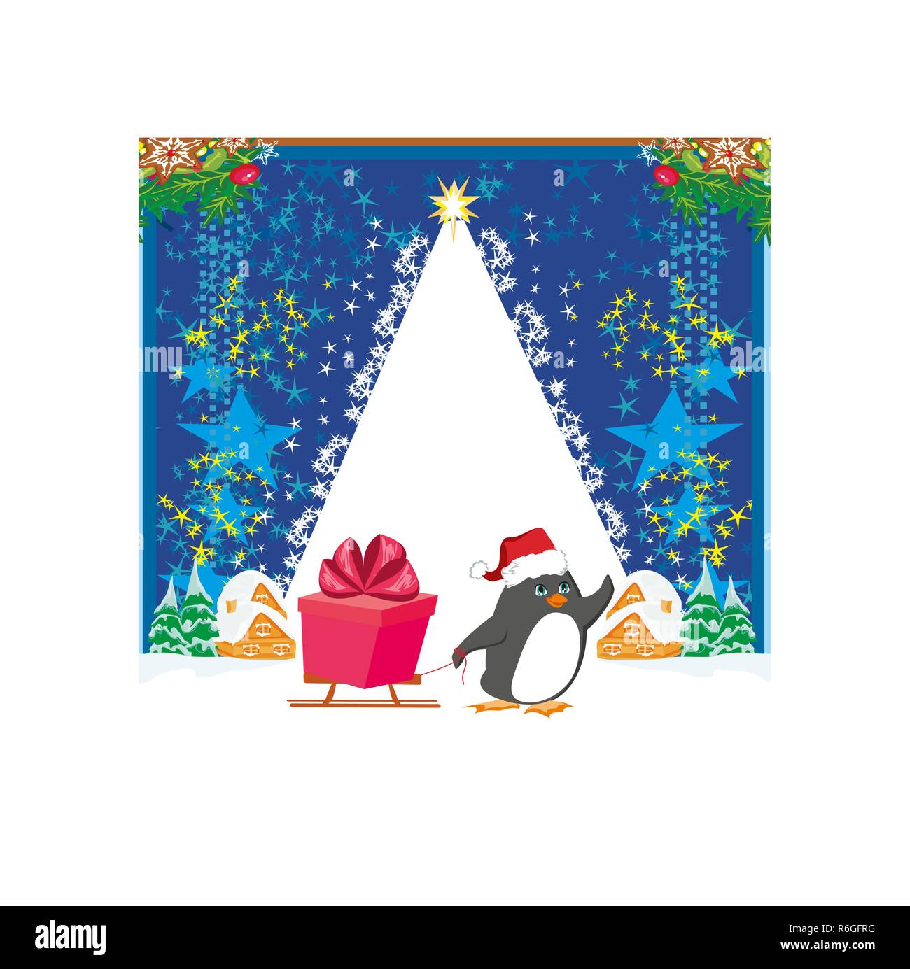 Pingouin avec traîneaux - carte de Noël drôle Illustration de Vecteur