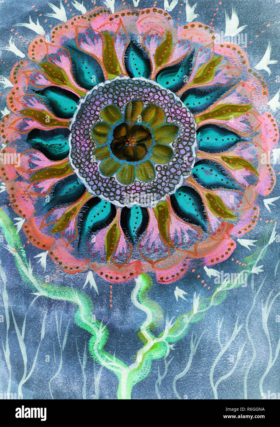 Mandala rose fleur avec une tige. La technique du badigeonnage près des bords donne un effet de flou en raison de la modification de la rugosité de surface du papier. Banque D'Images