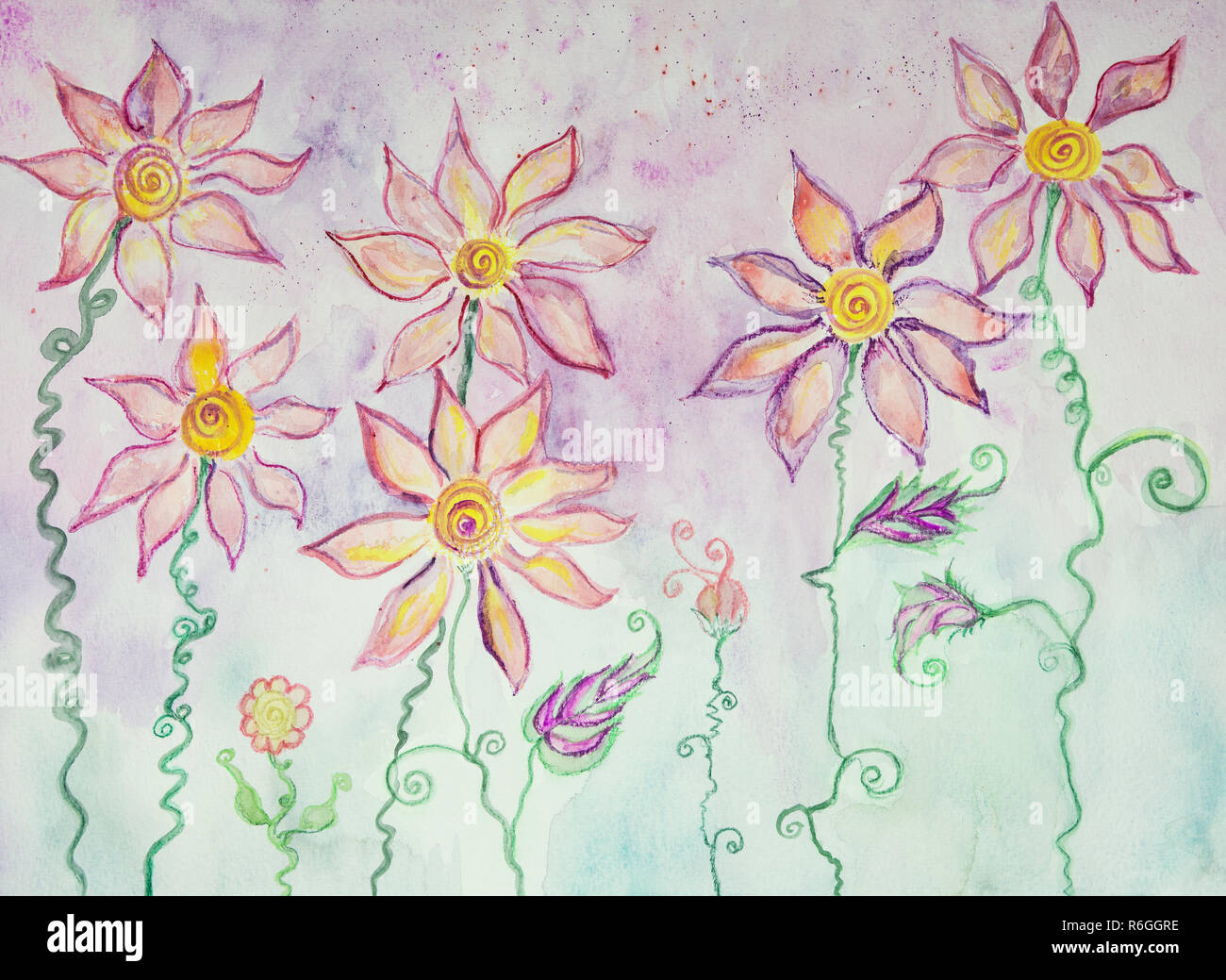 Fleurs hippie lunatique avec tiges curly. La technique du badigeonnage près des bords donne un effet de flou en raison de la modification de la rugosité de la Banque D'Images