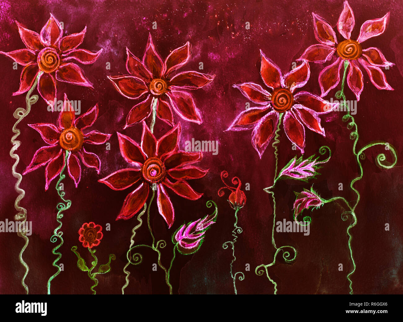 Hippie rouge fleurs avec tiges curly. La technique du badigeonnage près des bords donne un effet de flou en raison de la modification de la rugosité de surface du papier. Banque D'Images