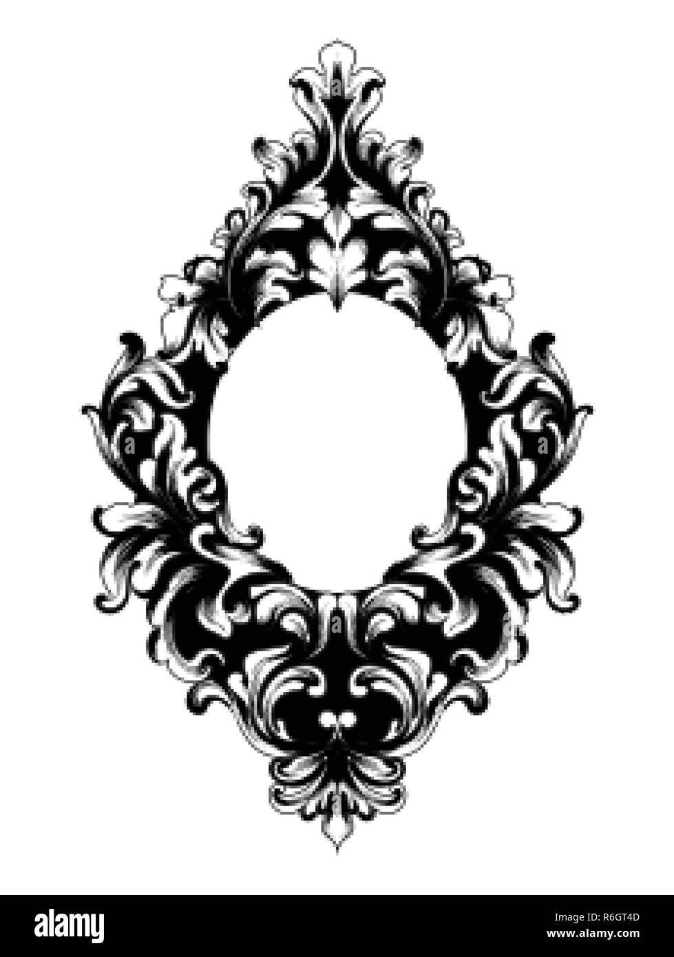 Miroir Baroque vecteur du châssis. Ornée de l'époque victorienne ornement floral monogramme bordure gravée de défilement de la feuille fleur rétro design décoratif en filigrane callig. Illustration de Vecteur