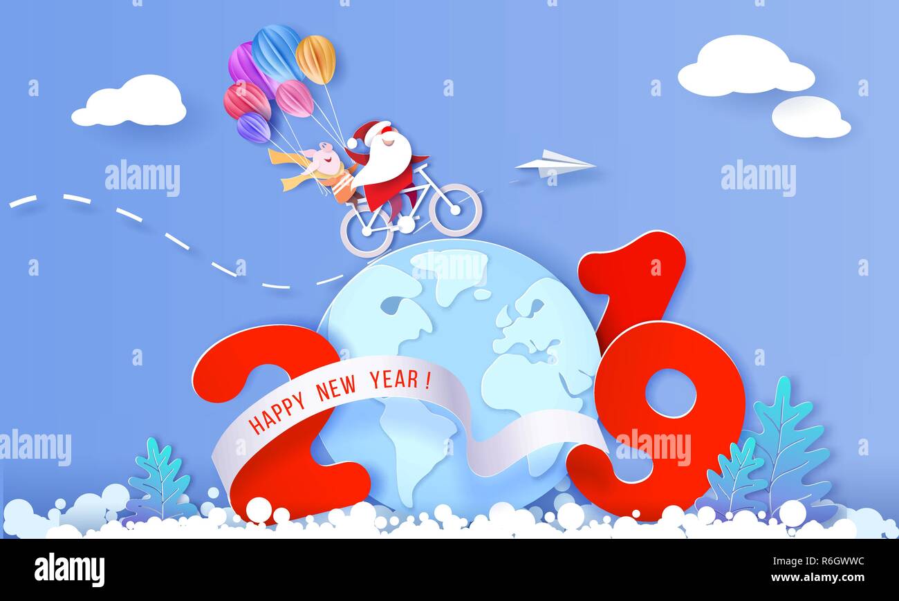 Carte de Nouvel An 2019. Le Père Noël et funny pig le vélo sur globe Terre sur fond bleu. Coupe papier vecteur illustration de l'art pour la promotion des bannières, des en-têtes, des affiches, des autocollants Illustration de Vecteur