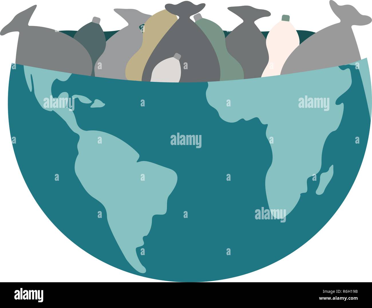 Oncept de la pollution mondiale. La moitié de la planète est remplie de sacs à déchets. Illustration de Vecteur