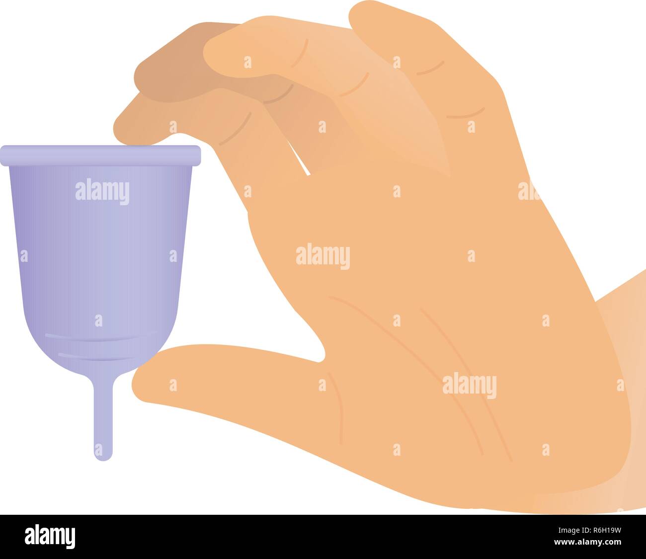 Femme main tenant une coupe menstruelle violet - fond blanc. Illustration de Vecteur