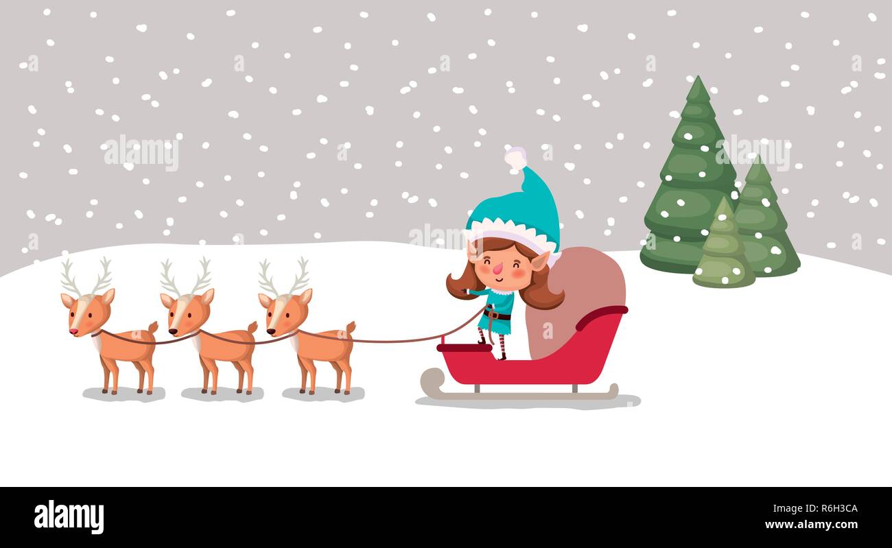 Cute girl santa helper à traineau et renne Illustration de Vecteur