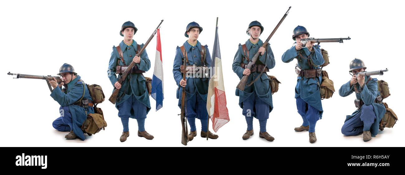 Différentes vues de soldat français 1914 1918 isolé sur fond blanc Banque D'Images