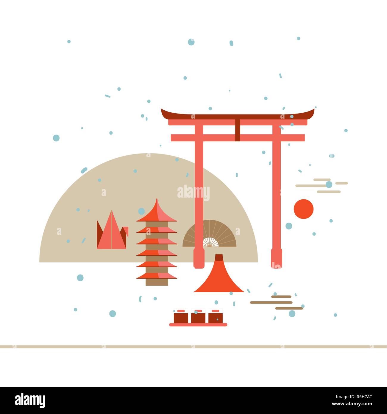 Beau Voyage Japon Landmarks poster avec Torii Mountain Origami Fuji Vector illustration Illustration de Vecteur