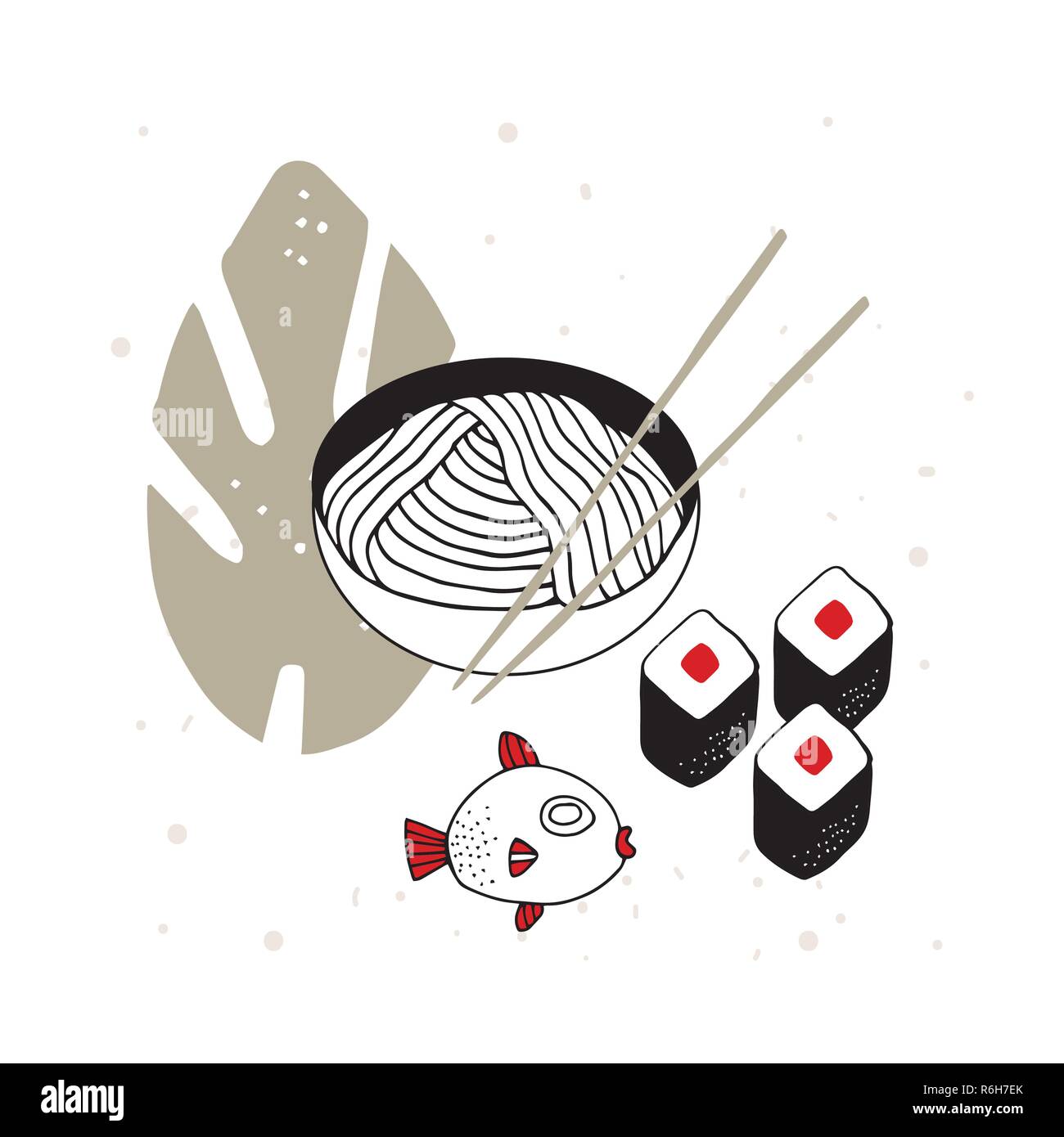 Bol de nouilles à la main avec des baguettes cuisine Asiatique Poisson Sushi Vector illustration Illustration de Vecteur