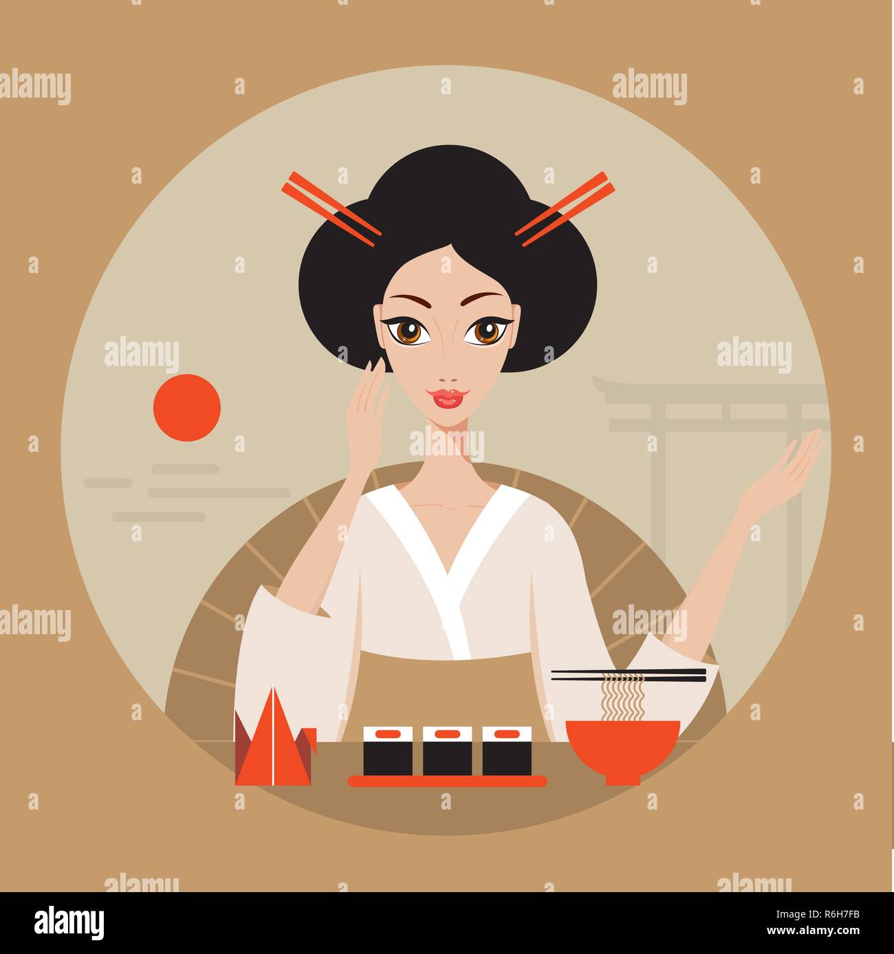 Belle bannière Voyage au Japon avec l'Origami et les nouilles Geisha Sushi Vector illustration Illustration de Vecteur