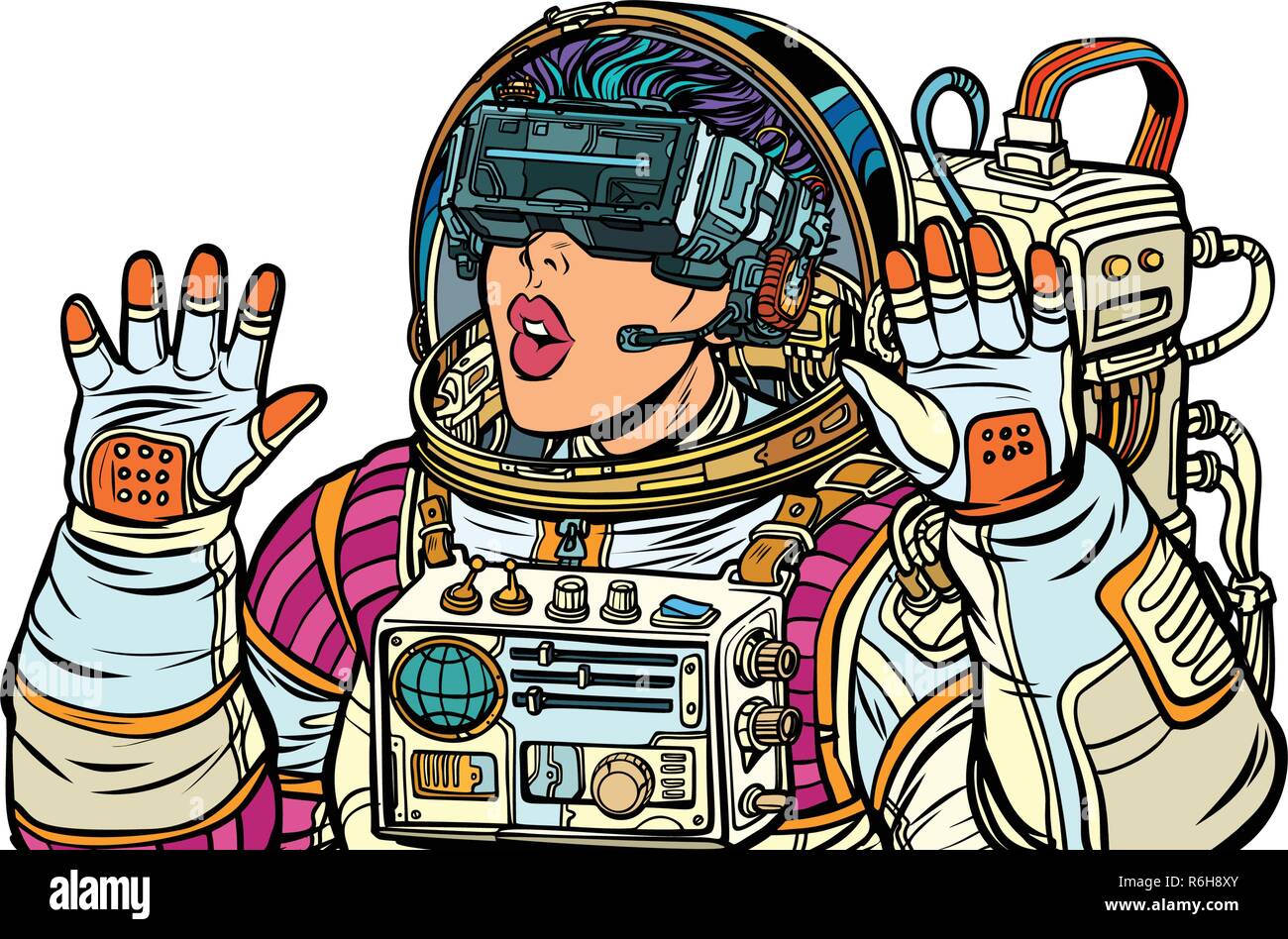 Surpris femme astronaute en lunettes de réalité virtuelle. Isoler sur fond blanc. Pop art retro illustration vectorielle. Les filles 80s Illustration de Vecteur
