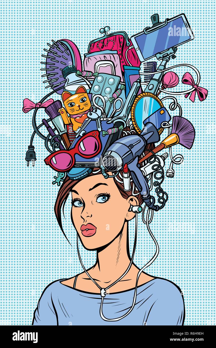 Pensées femme moderne concept. Pop art retro vintage kitsch vector illustration Illustration de Vecteur