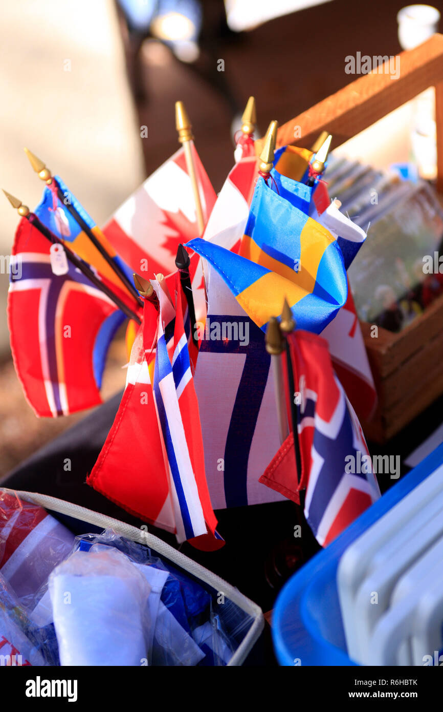 Drapeaux de tous les pays scandinaves en vente au Festival norvégien à Tucson, AZ Banque D'Images