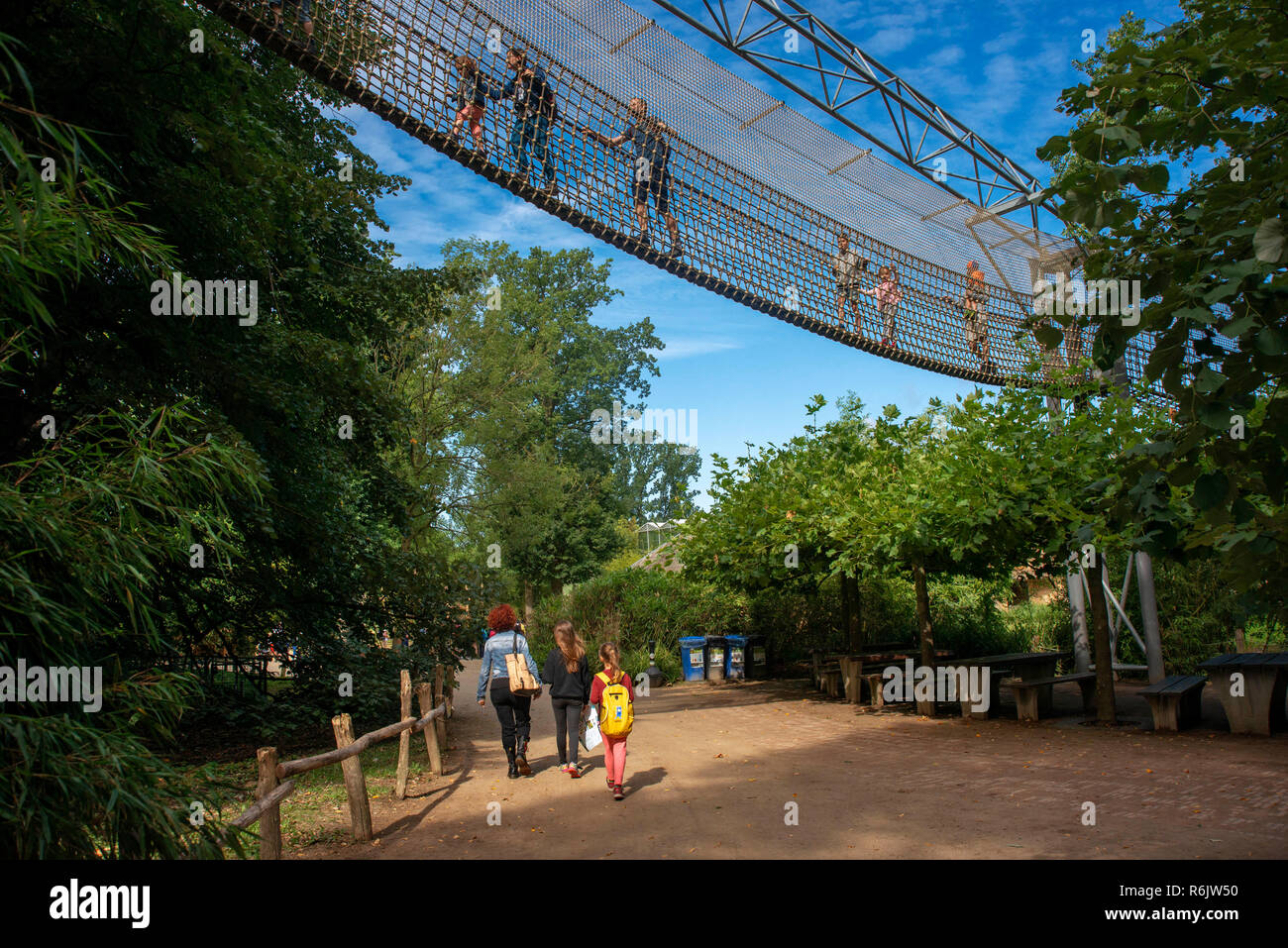 Avec les grands-parents de l'enfant marchait sur le pont pont de corde / / pont suspendu à canopy tour dans le parc d'aventure en été. Le zoo de Planckendael, Meche Banque D'Images