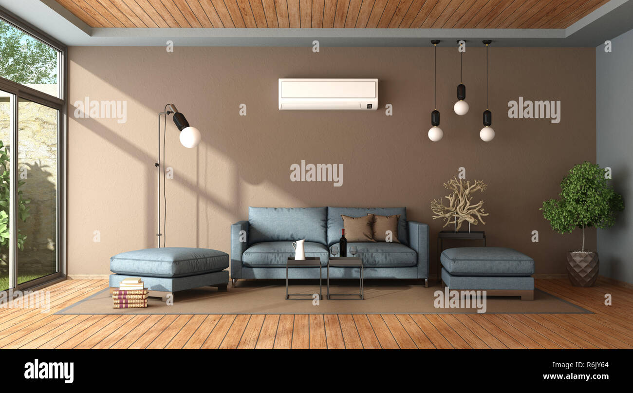 Bleu et marron salon avec air conditionné Banque D'Images