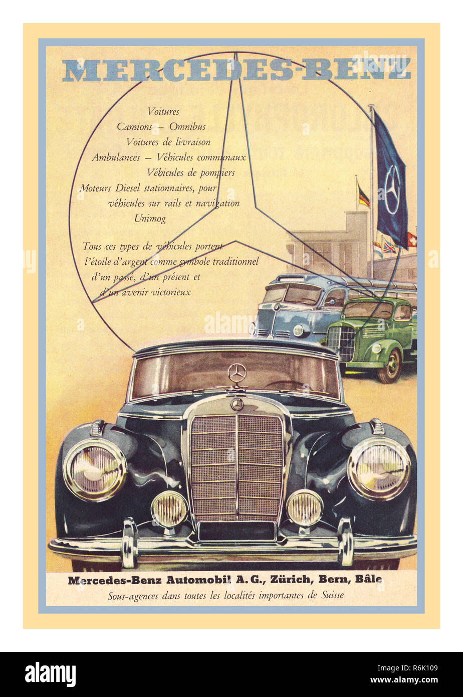 Vintage 1950 Mercedes Benz publicité presse suisse Berne Zurich Suisse de balle avec la Mercedes-Benz W186 300 un modèle de luxe à quatre portes tourer produit par Mercedes-Benz entre 1951 et 1957. Le plus important et le plus prestigieux de l'automobile. Les véhicules utilitaires Mercedes en arrière-plan Banque D'Images
