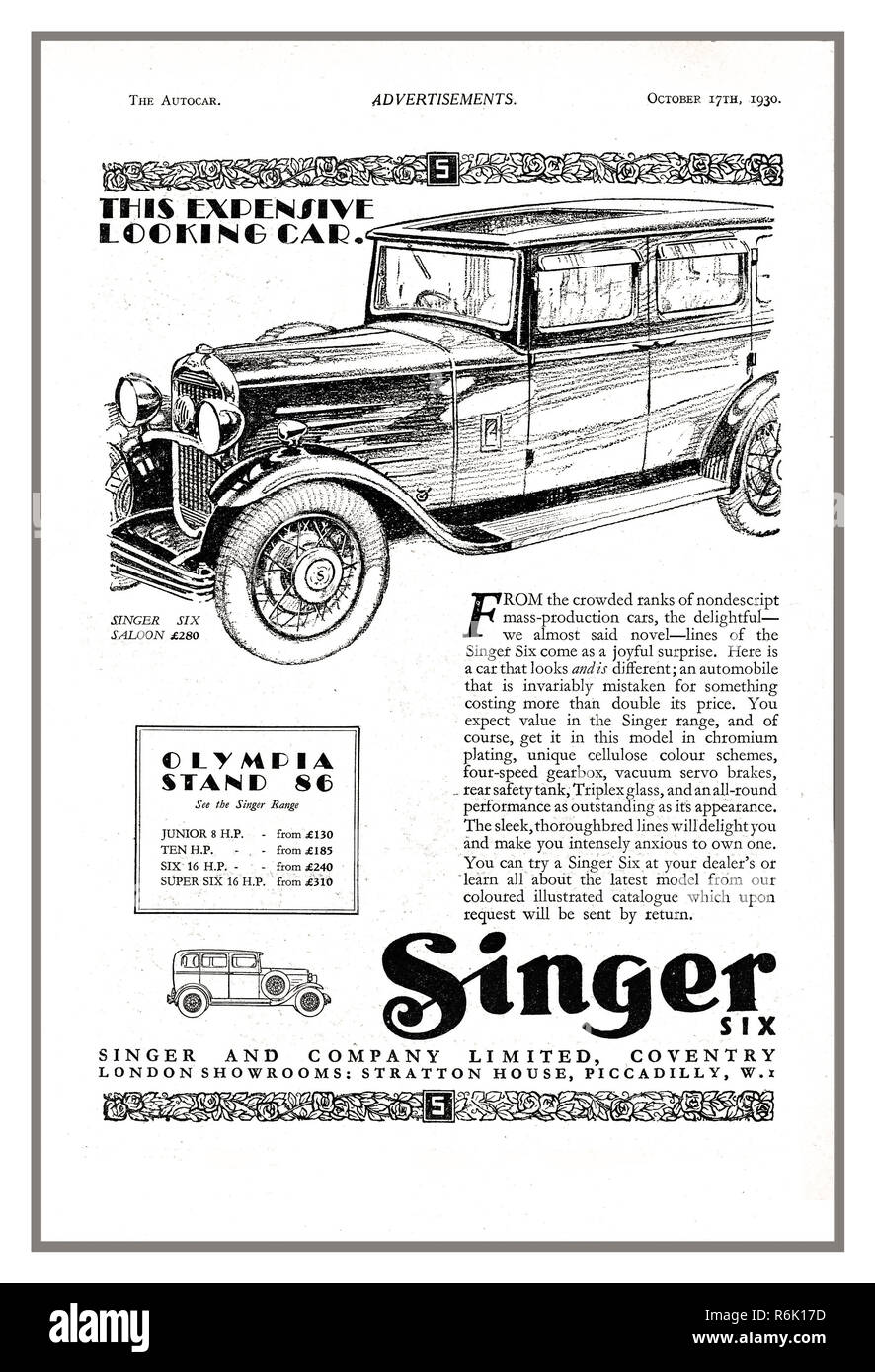Vintage automobile britannique annonce presse Singer 10 Junior 10 6 6 modèles d'Automobile Autocar annonce 1930 Motor Show publicité pour Singer Motor Car gamme de modèles. Royaume-uni Coventry Banque D'Images