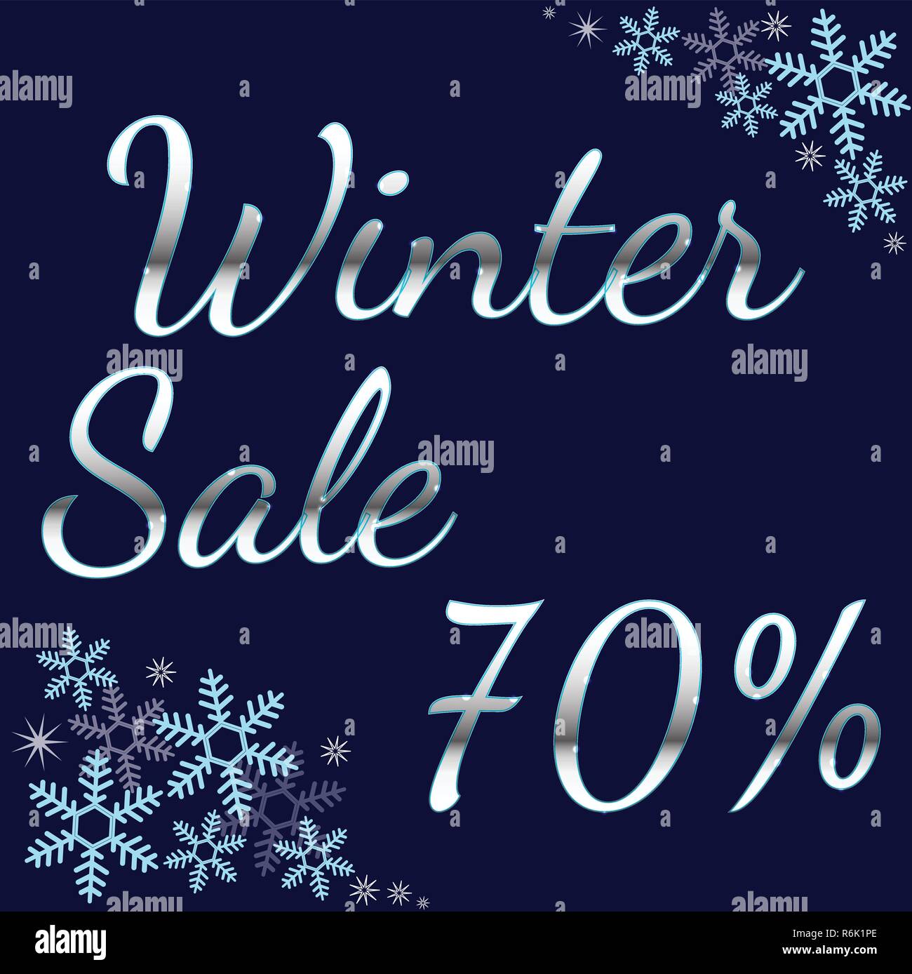 Argent élégant design lettrage d'hiver vente d'hiver 70 avec brillants et flocons lumineux sur fond bleu. Illustration de Vecteur