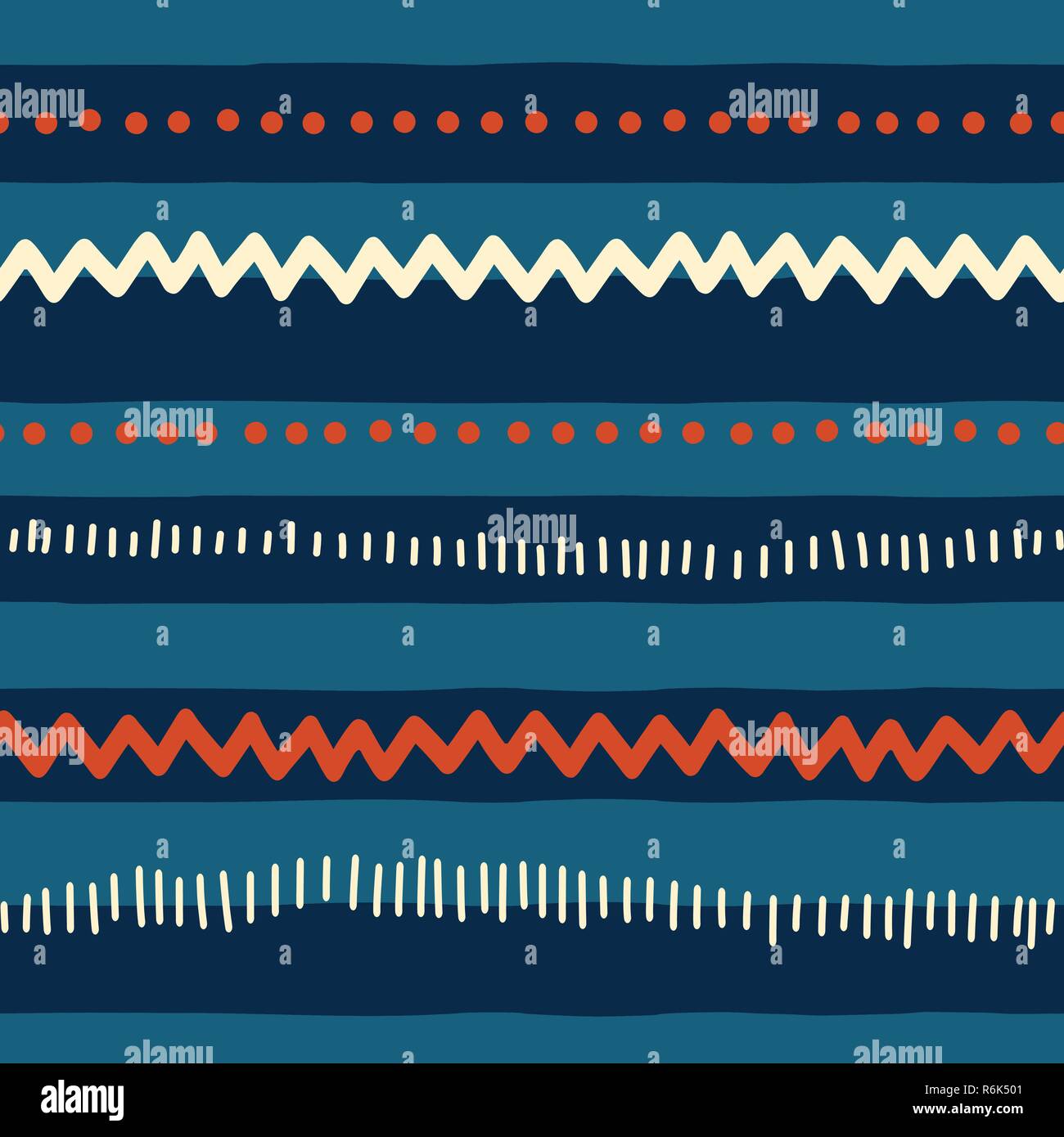 Tribal rouge et bleu motif doodle. Résumé fond vectoriel continu des lignes horizontales, zigzag, pois, rayures. La texture pour le marché pour les enfants, garçon, pour les enfants, décoration, tissu, bannière web page remplir, 4 juillet Illustration de Vecteur