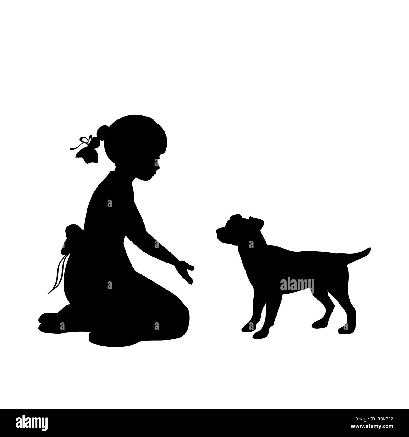 Silhouette fille assise genoux chien invitent Banque D'Images