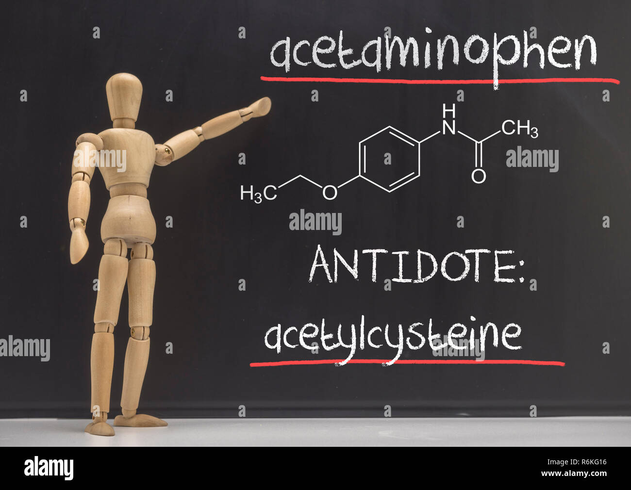 Poupée articulée dans une enseigne l'ardoise l'empoisonnement de paracétamol dans le sang, l'antidote est l'acétylcystéine, conceptual image Banque D'Images