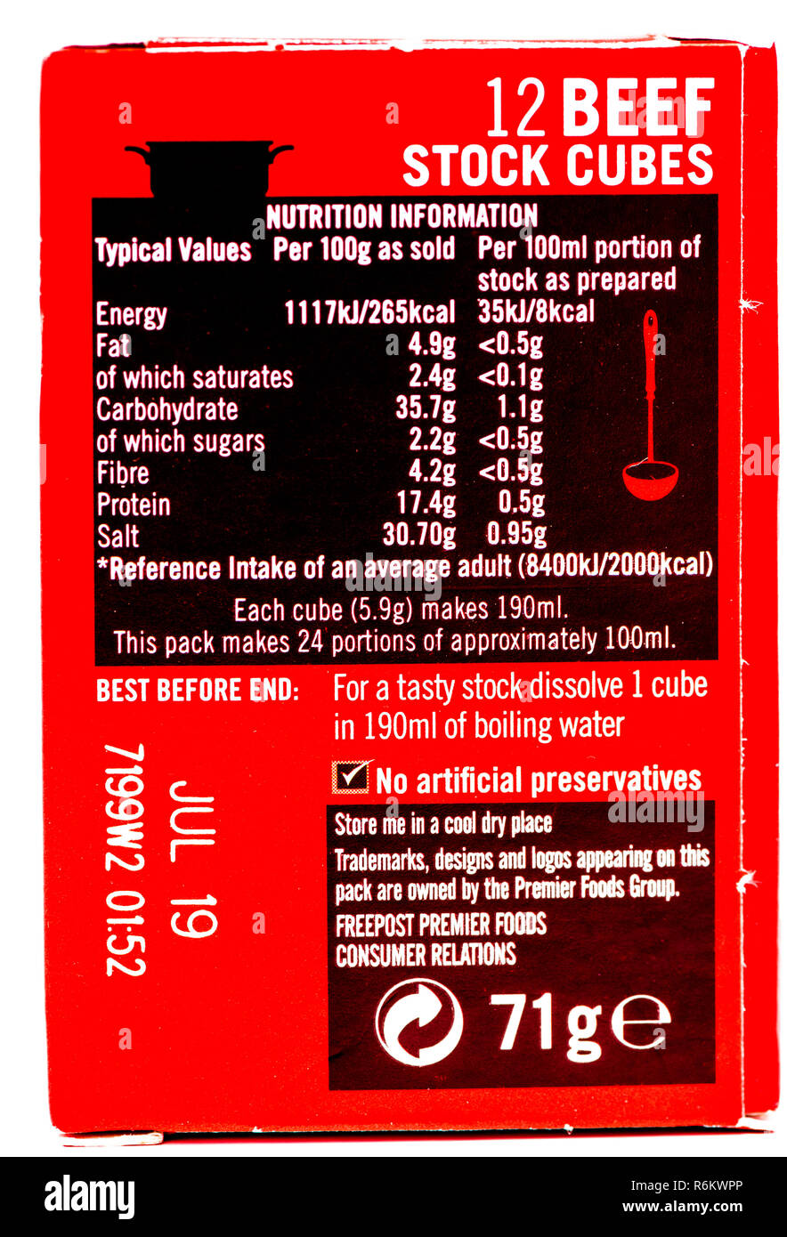 Pack de 12 cubes de bouillon de bœuf OXO dans leur boîte en carton rouge traditionnel. Banque D'Images