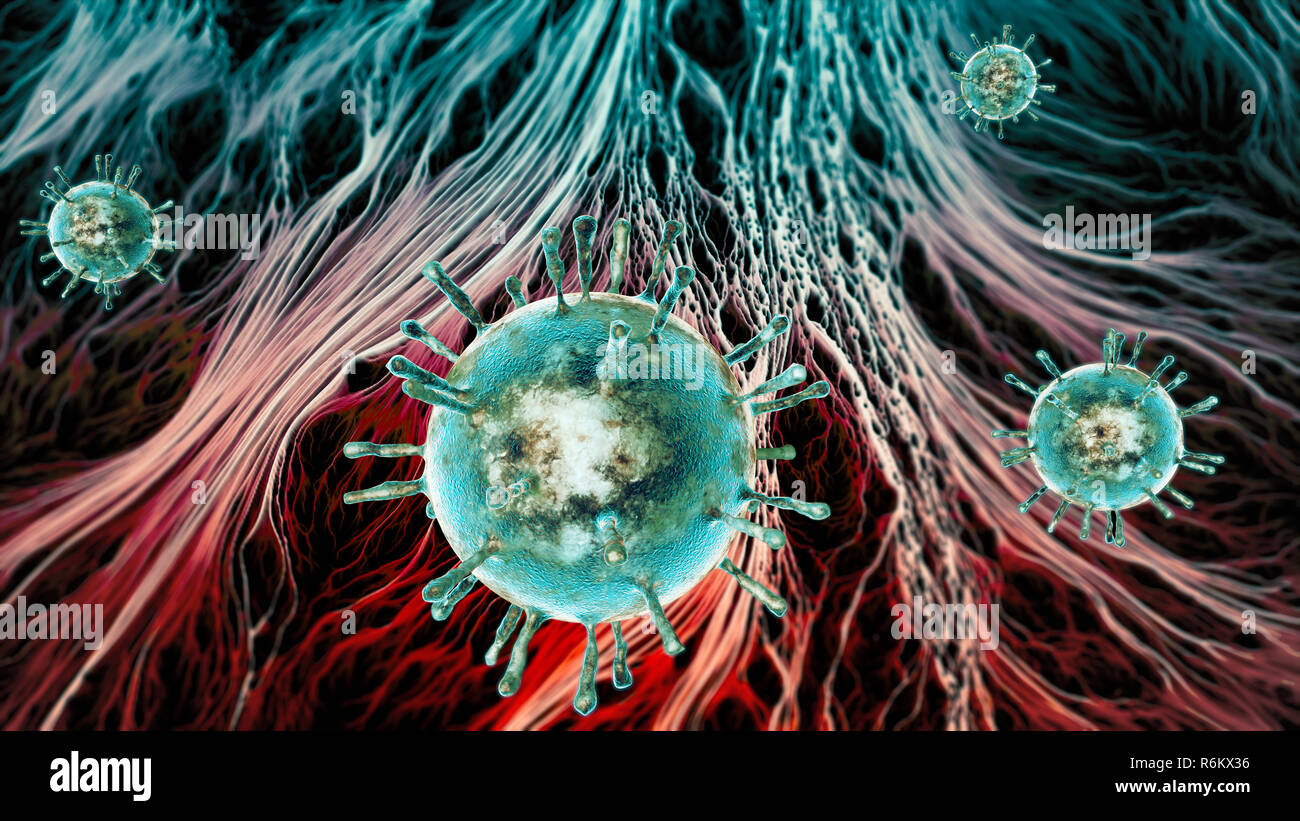 Code génétique, virus, bactéries et micro-organismes vu sous un microscope. Les nouveaux virus. Le rendu 3d. Les maladies contagieuses, risque de propagation Banque D'Images