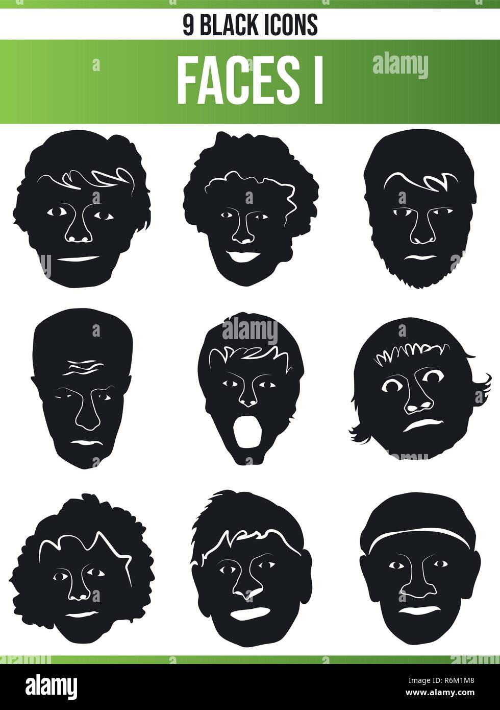 Pictogrammes noir / icônes de visages. Toute la collection est parfaite pour les gens créatifs et concepteurs qui ont besoin de l'objet visages dans leurs conceptions graphiques. Illustration de Vecteur