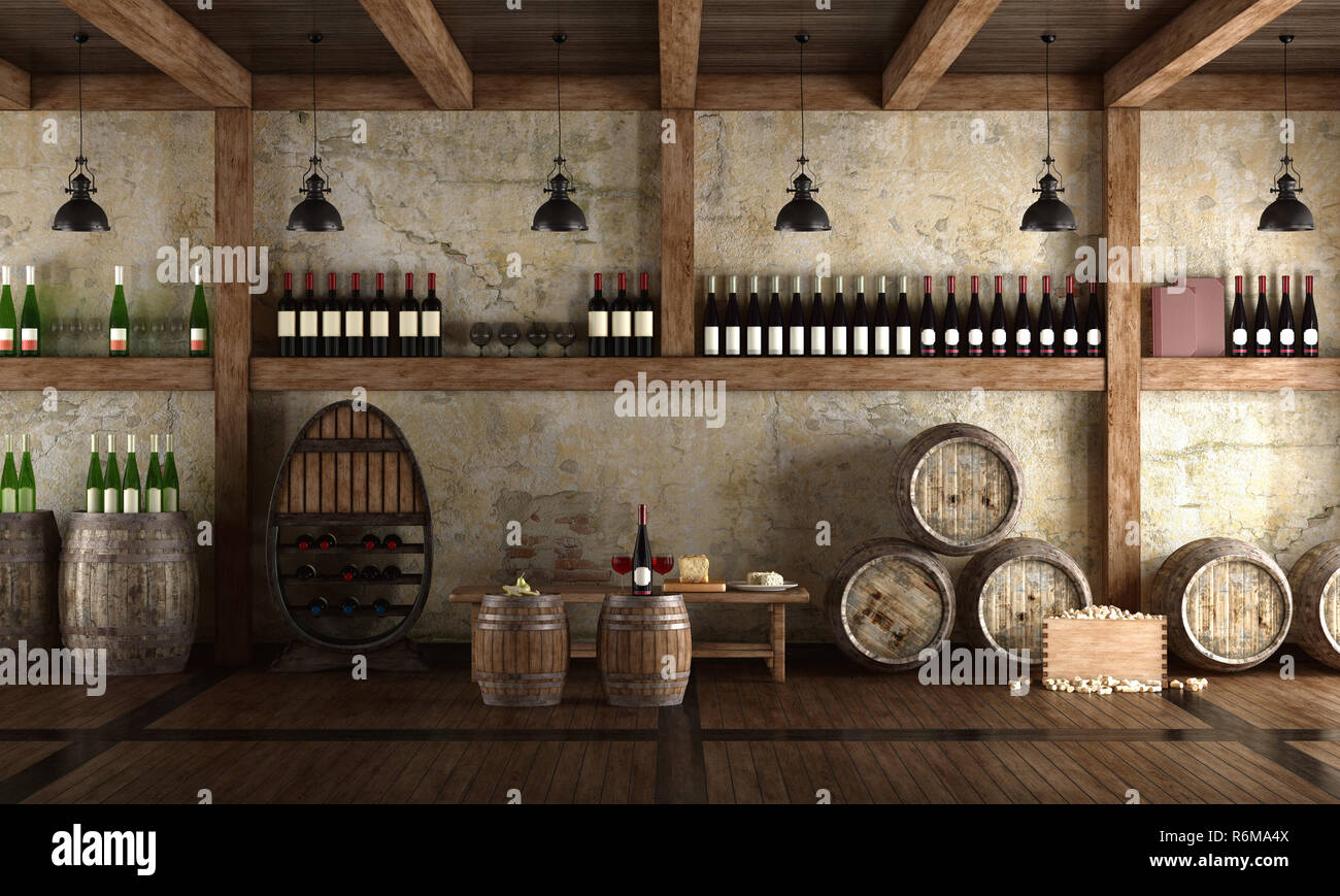 Ancienne cave à vin avec dégustation de banc Banque D'Images