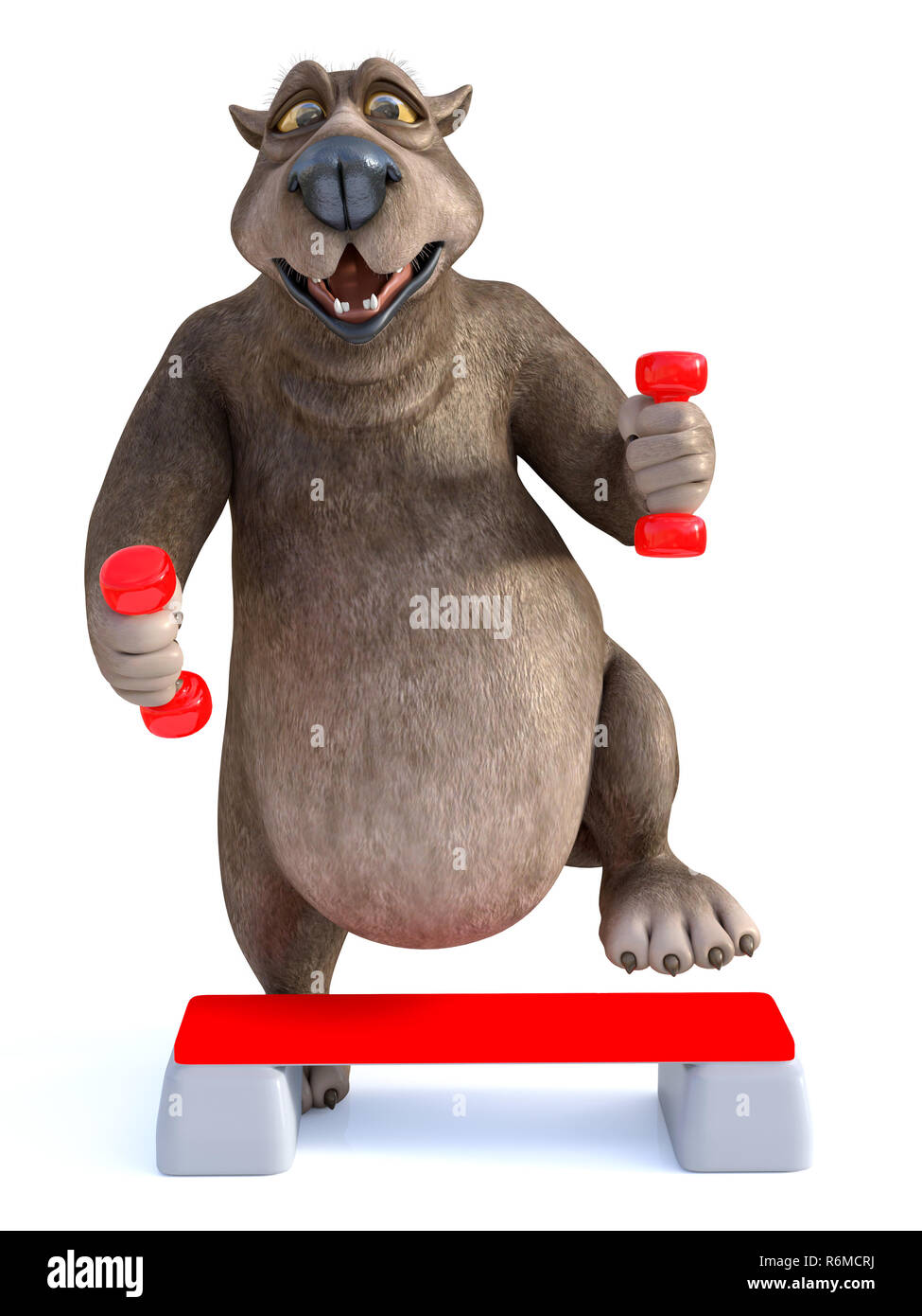 Le rendu 3D de cartoon bear l'entraînement avec haltères. Banque D'Images