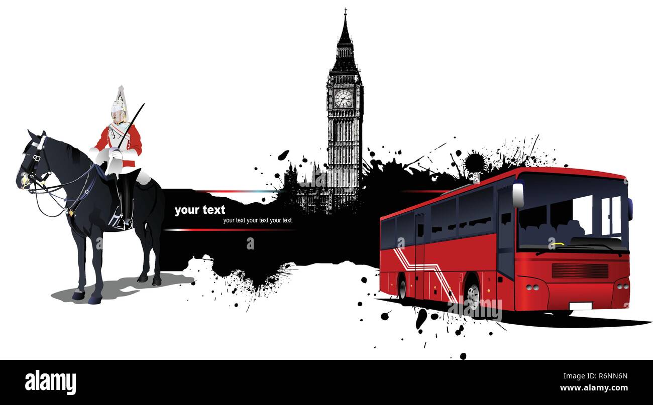 Grunge banner avec Londres et images de bus. Vector illustration Illustration de Vecteur