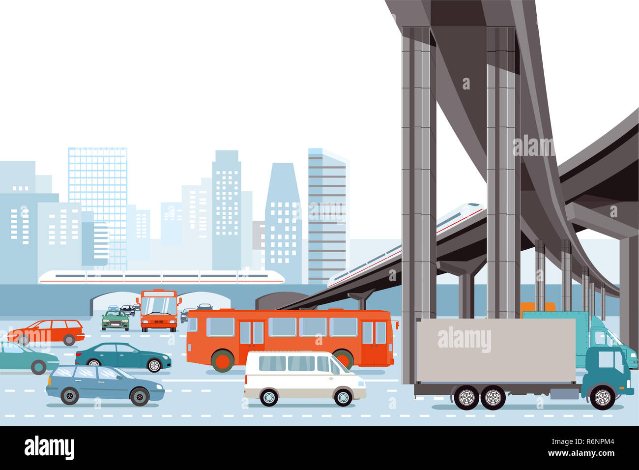 Le trafic routier dans la ville avec une forte concentration de train,illustration Banque D'Images