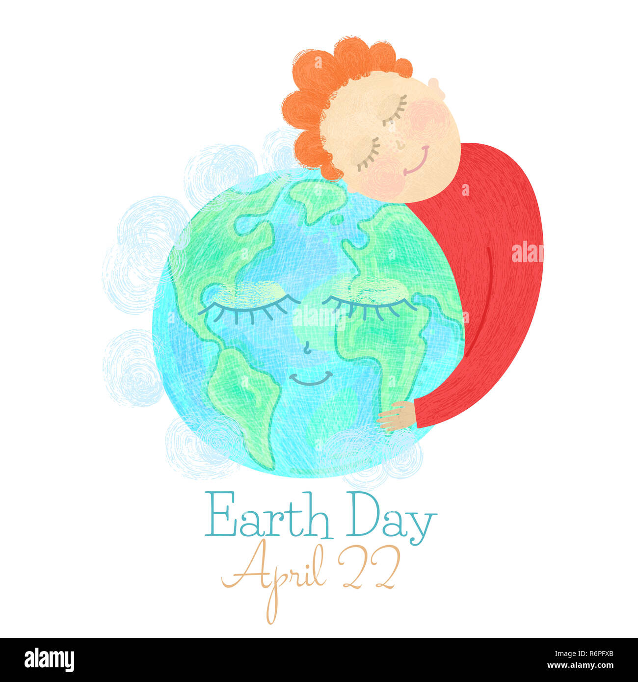 Le jour de la terre. Homme globe hug. Sauver notre planète. Personnages dessinés à la main, souriant texturés. Concept de l'écologie. Éco-responsable. Carte Cartoon Banque D'Images