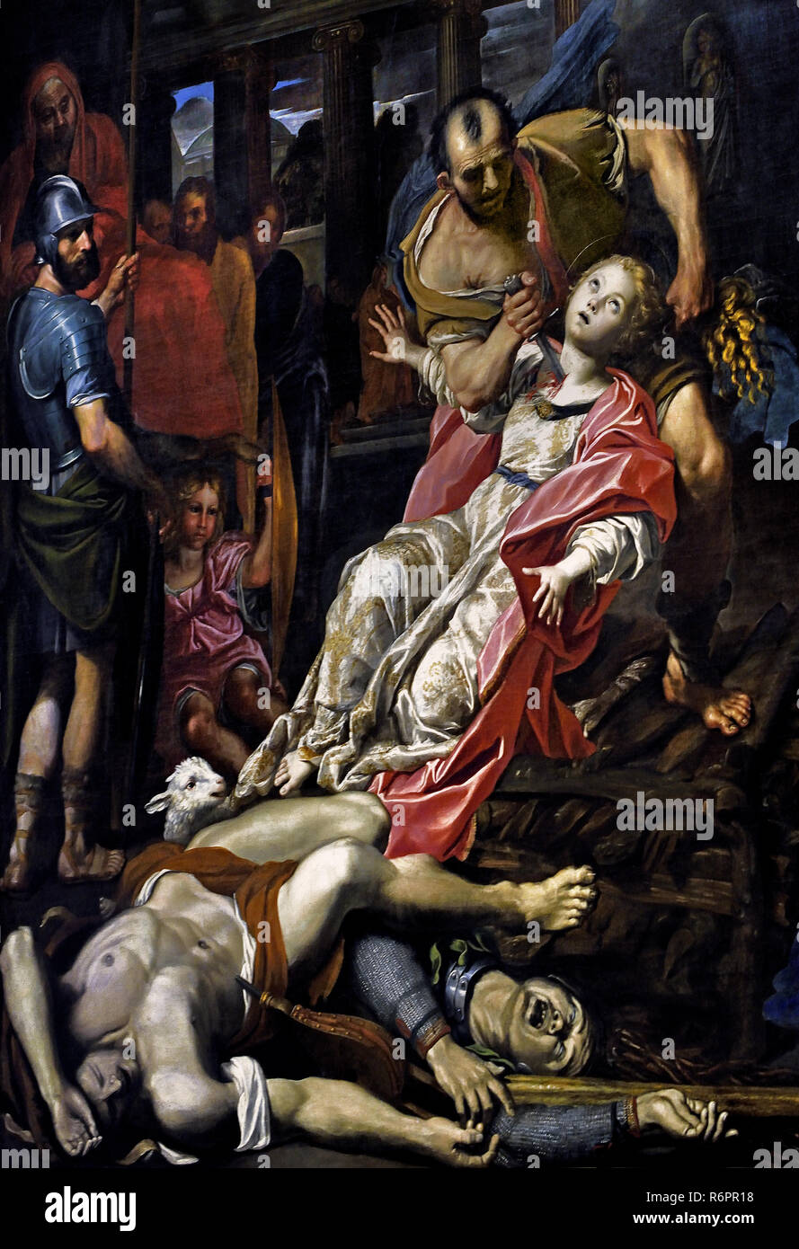 Le martyre de sainte Agnès par Domenico Zampieri dit le Domenichino 1581 -1641 ( La très jeune martyr est décrit comme elle meurt percé dans la gorge à l'ordre du Aspasio, vicaire du préfet, dont le fils a été rejeté par Agnese déjà consacrées à la chasteté.) 17e siècle, l'Italie, l'italien. Banque D'Images