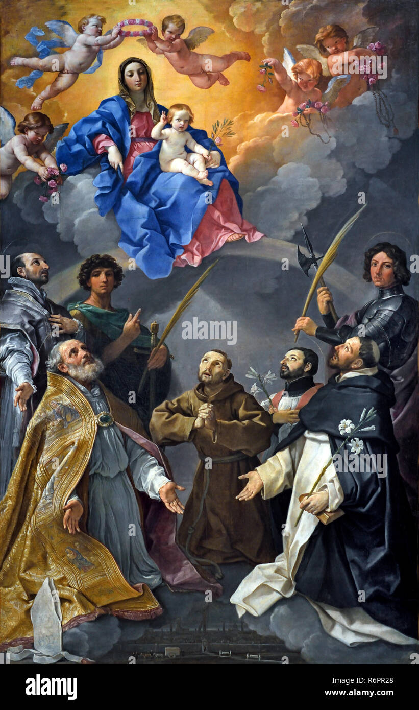Vierge à l'enfant en gloire avec les Saints Pétrone, Dominique, François, Ignace, François-Xavier, Proculus, et Florian, protecteurs de Bologne (peste Retable de Guido Reni 1575-1642, 16-17ème siècle, l'Italie, l'italien. Banque D'Images