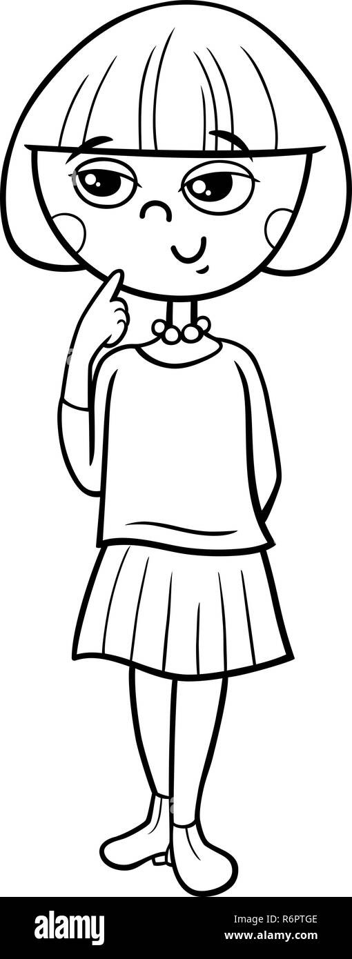 Cartoon noir et blanc Illustration de l'école primaire ou l'âge de l'adolescence de caractère fille Coloring Book Illustration de Vecteur
