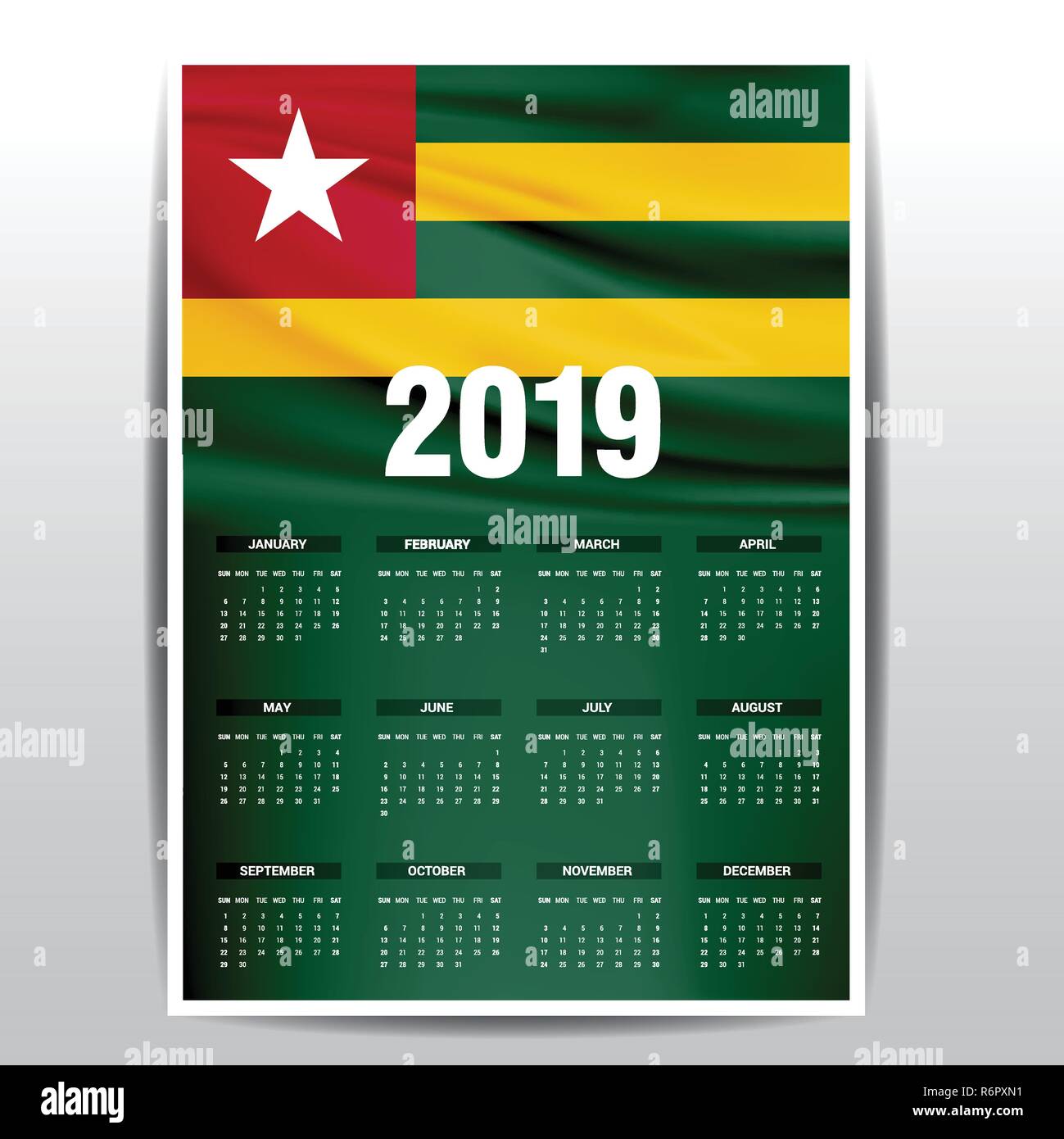 Drapeau Togo 2019 Calendrier arrière-plan. Langue Anglais Illustration de Vecteur