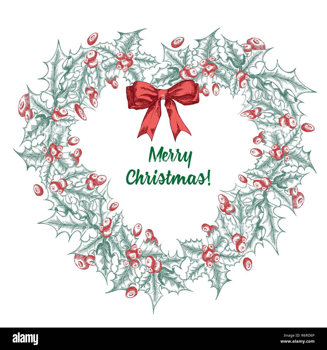 Croquis dessinés à la main, couronne de branches de houx botanique. Vintage style. Décoration de Noël traditionnel. Maison de design de carte de visite, invitation, affiche, bannière. Illustration de Vecteur