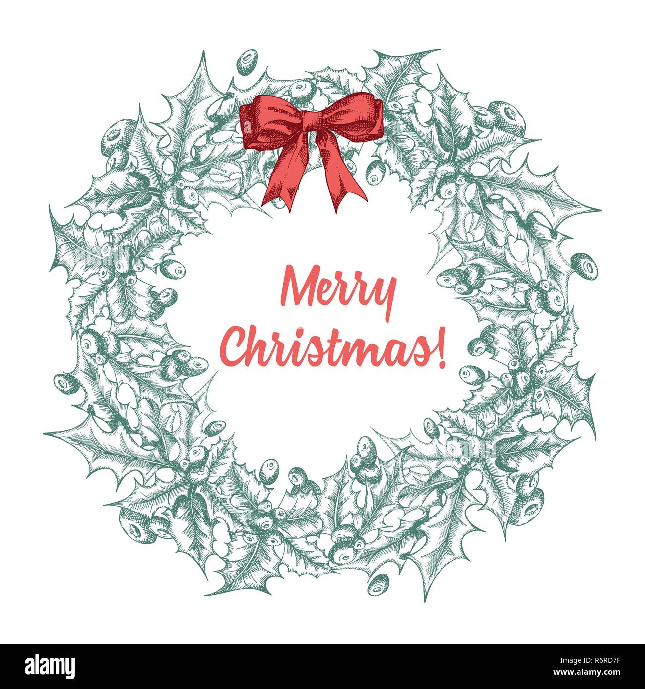 Croquis dessinés à la main, couronne de branches de houx botanique. Vintage style. Décoration de Noël traditionnel. Maison de design de carte de visite, invitation, affiche, bannière. Illustration de Vecteur