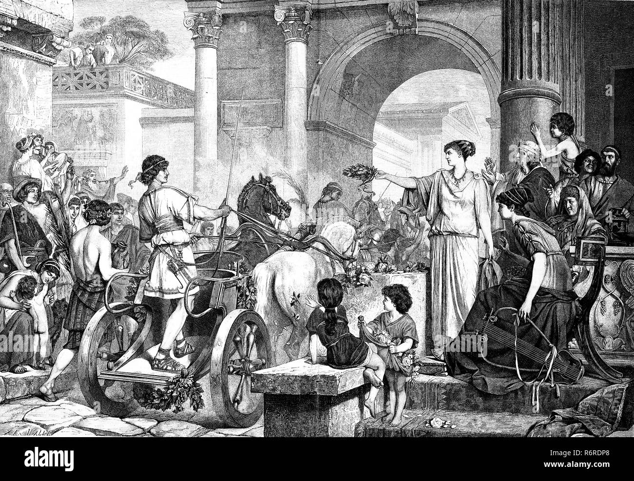 L'amélioration de la reproduction numérique, l'entrée du vainqueur de la course du chariot, les courses de chars, dans la Rome antique, l'Italie, Einzug im Wagenrennen des Siegers vom historischen Rom, Italie, tirage original du 19ème siècle Banque D'Images
