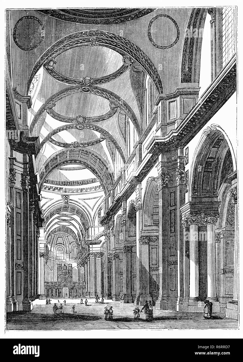 L'intérieur de la Cathédrale St Paul, à Londres, est une cathédrale anglicane, le siège de l'évêque de Londres et l'église-mère du diocèse de London. Il est assis sur Ludgate Hill au point le plus élevé de la ville de Londres. Son dévouement à l'Apôtre Paul remonte à l'église d'origine sur ce site, fondé en l'an 604. La cathédrale actuelle, datant de la fin du xviie siècle, a été conçu dans le style baroque anglais par Sir Christopher Wren. Sa construction, achevée en Wren's lifetime, faisait partie d'un important programme de reconstruction de la ville après le Grand Incendie de Londres. Banque D'Images