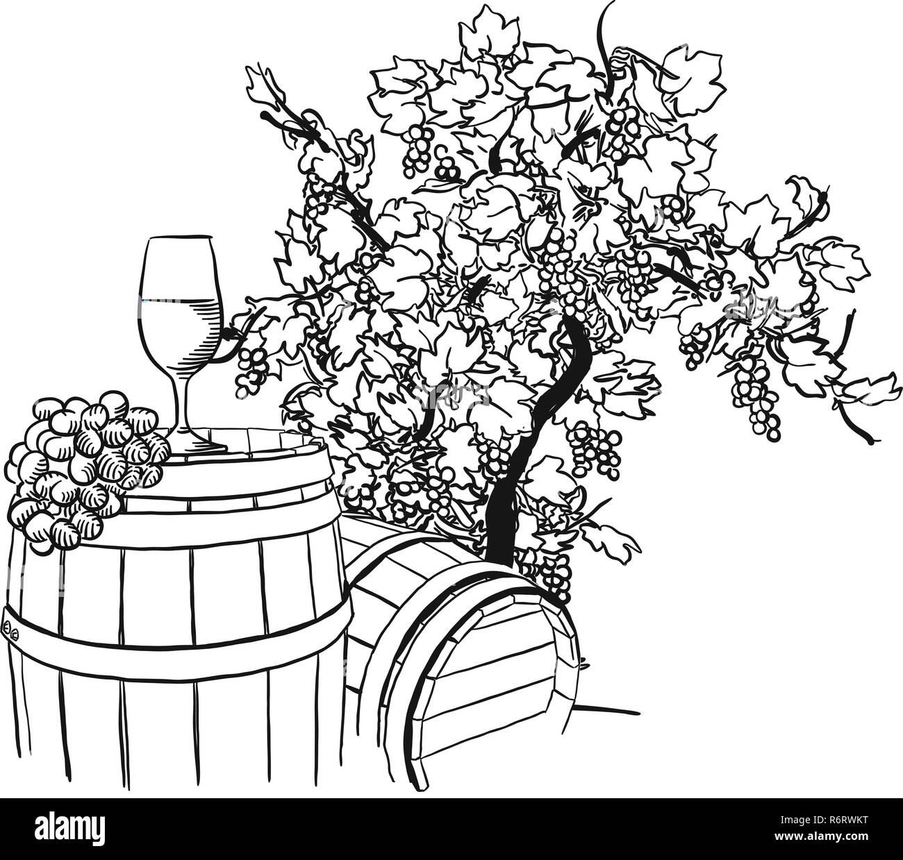 Baril de vigne, de verre et de dessin de l'arbre dessiné à la main, des aliments pour l'illustration vectorielle étiquette vigne et marketing des médias sociaux Illustration de Vecteur