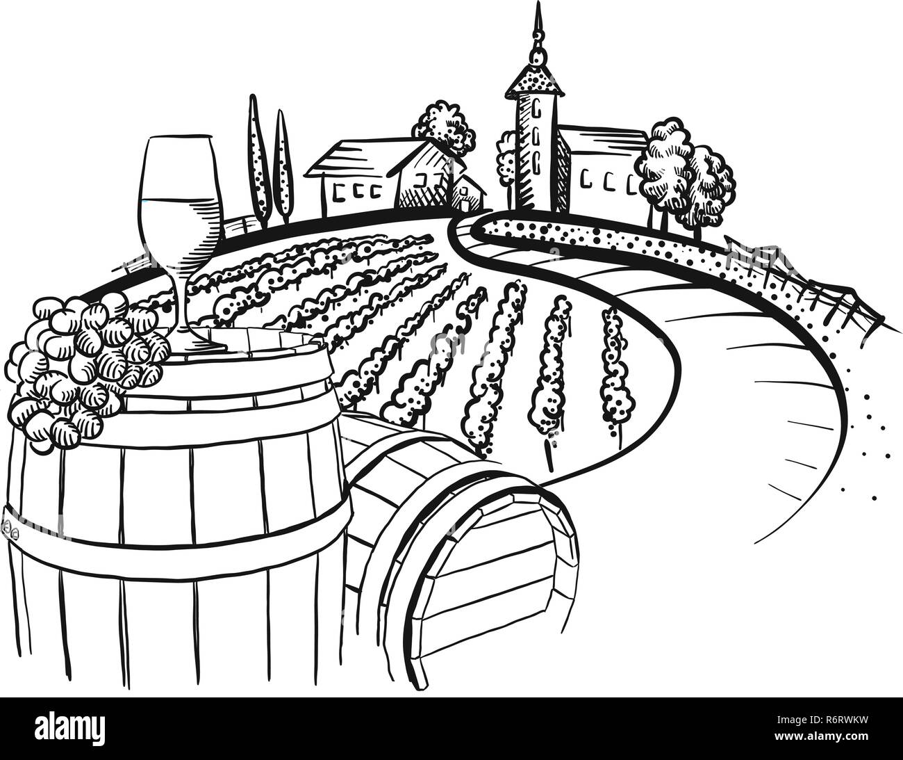 Vignoble le baril et de verre, dessin à la main l'alimentation vecteur illustration de l'étiquette de vigne et marketing des médias sociaux Illustration de Vecteur